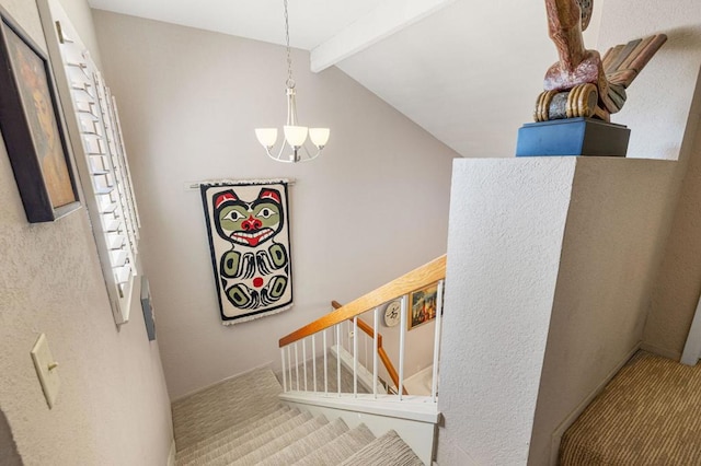 stairs featuring carpet flooring, an inviting chandelier, and vaulted ceiling with beams