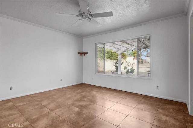 empty room featuring a textured ceiling, ceiling fan, light tile patterned floors, and ornamental molding