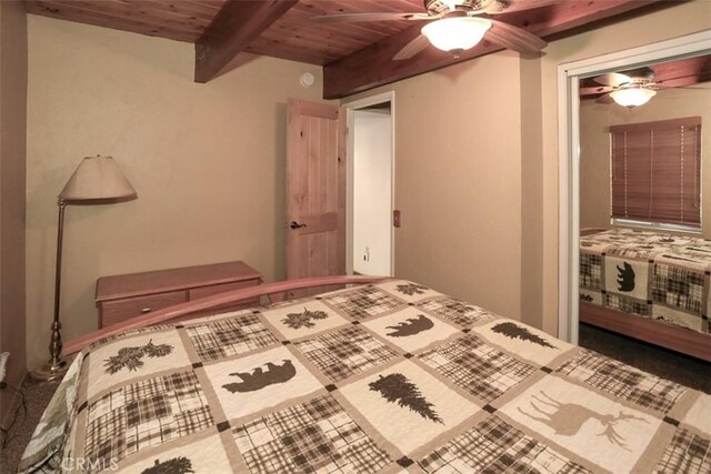 bedroom with ceiling fan, wooden ceiling, and beam ceiling