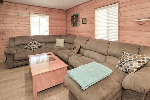 living room featuring wood walls and wood finished floors