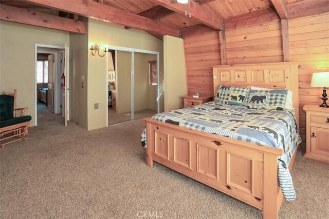 bedroom with wood walls, wooden ceiling, light carpet, and beam ceiling