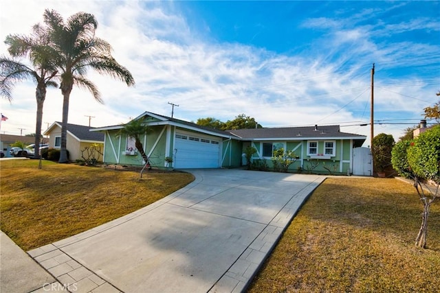 ranch-style house with a garage and a front yard