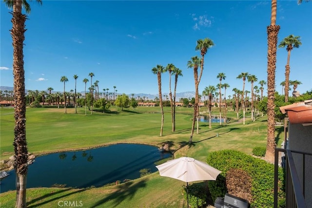 view of community featuring a water view and a yard