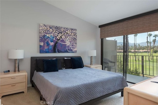 bedroom featuring access to exterior, lofted ceiling, light colored carpet, and multiple windows