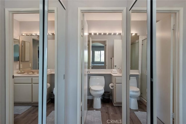 bathroom with toilet, vanity, and hardwood / wood-style flooring