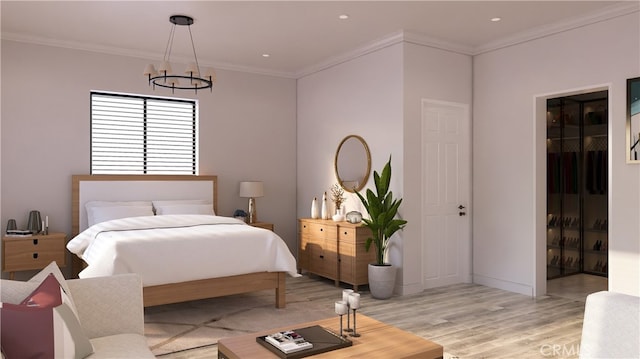 bedroom featuring crown molding, a notable chandelier, baseboards, and light wood-type flooring