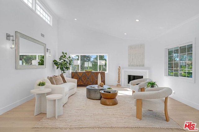 living room featuring ornamental molding, a fireplace, light hardwood / wood-style floors, and a high ceiling