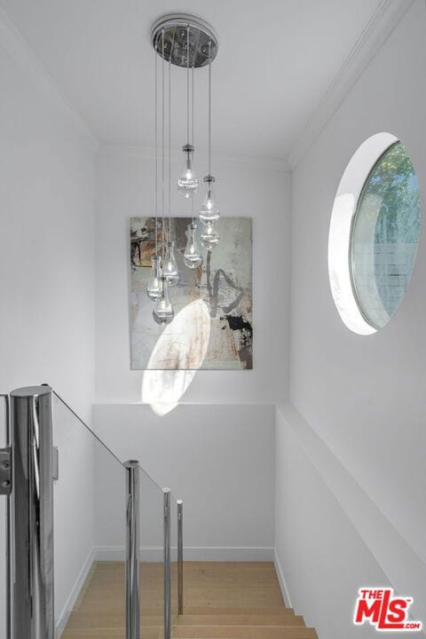 stairway featuring hardwood / wood-style flooring and ornamental molding