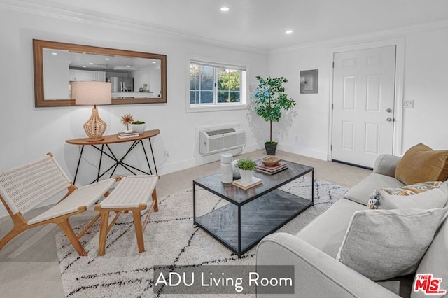 living room with crown molding and an AC wall unit