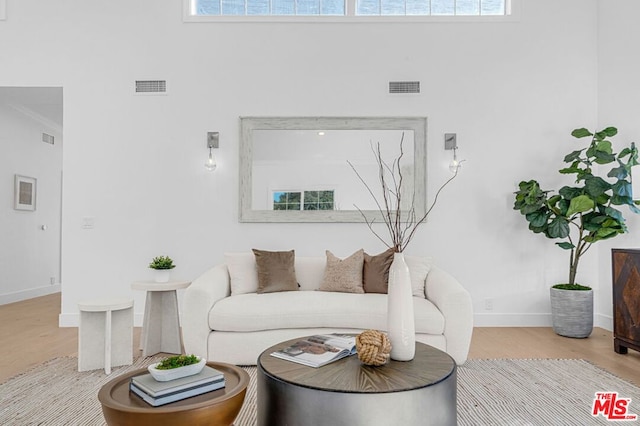 living room featuring hardwood / wood-style flooring and ornamental molding