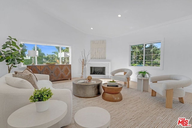 living room featuring a premium fireplace, lofted ceiling, and crown molding