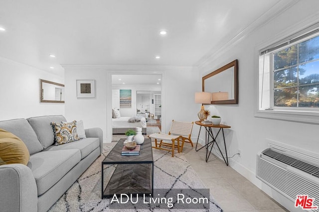 living room with ornamental molding, a wall mounted AC, and light tile patterned flooring