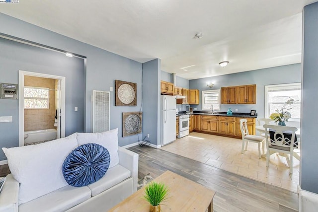 living room with sink, light hardwood / wood-style flooring, and a healthy amount of sunlight