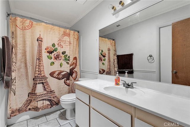 bathroom featuring toilet, vanity, tile patterned floors, and ornamental molding