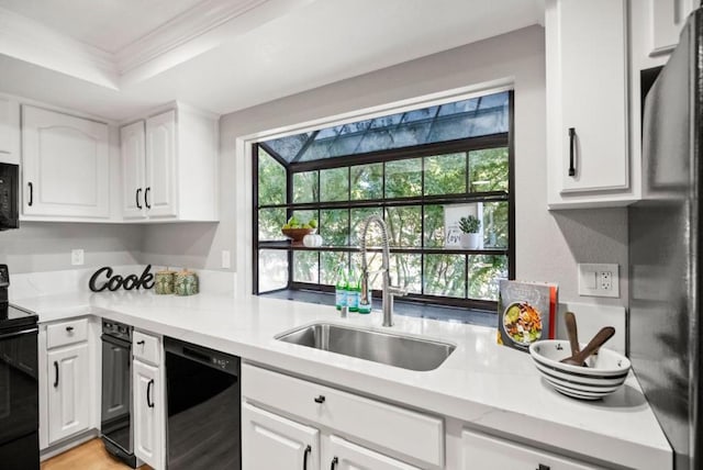 kitchen with black appliances, white cabinetry, sink, a tray ceiling, and crown molding