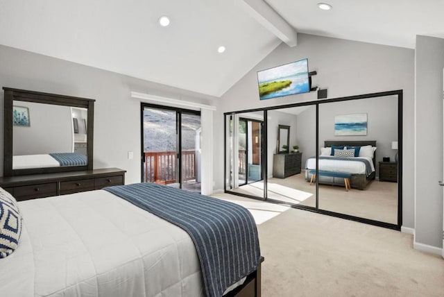 bedroom featuring vaulted ceiling with beams, light colored carpet, and access to exterior