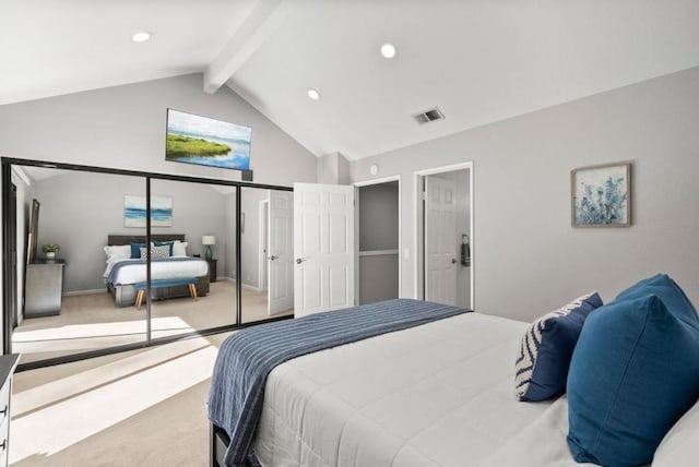 bedroom featuring vaulted ceiling with beams, a closet, and carpet