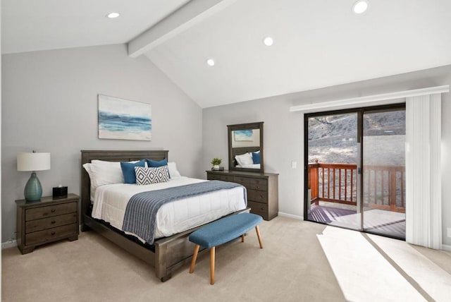 bedroom with access to exterior, light carpet, and vaulted ceiling with beams