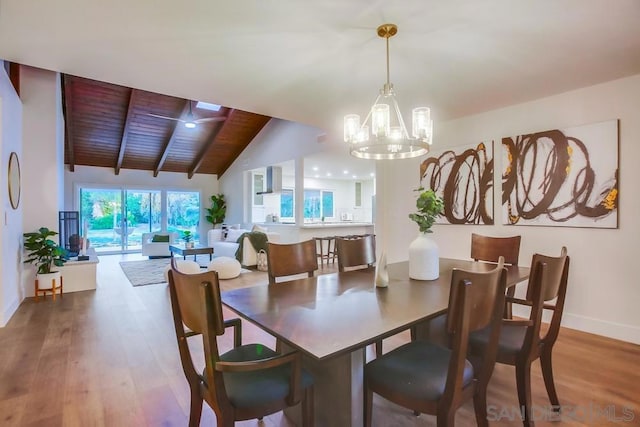 dining area featuring hardwood / wood-style flooring, wood ceiling, vaulted ceiling with beams, and a notable chandelier