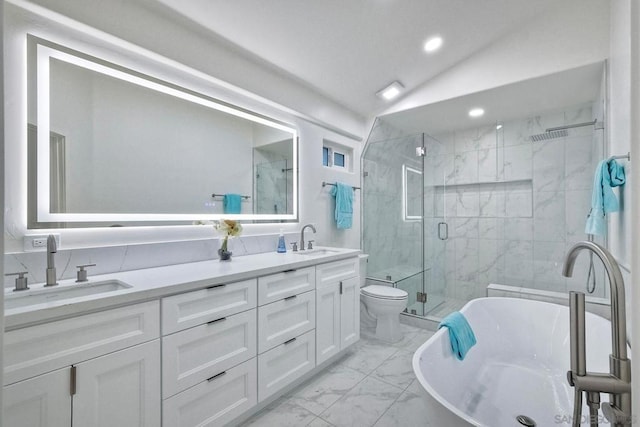 full bathroom featuring toilet, vanity, lofted ceiling, and plus walk in shower