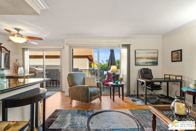 interior space with ceiling fan, crown molding, and wood-type flooring