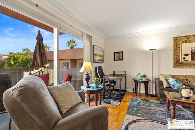 living room with ornamental molding and wood-type flooring