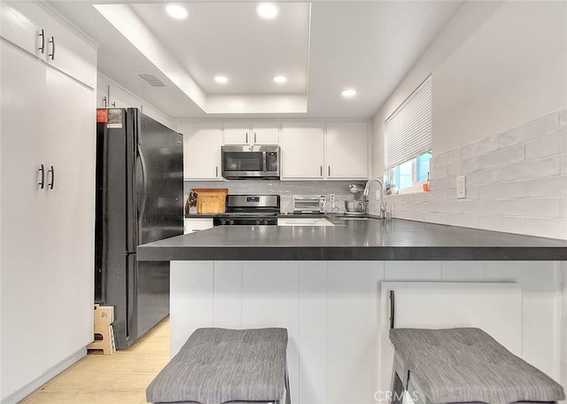 kitchen featuring appliances with stainless steel finishes, backsplash, a tray ceiling, white cabinets, and sink