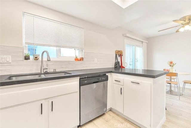 kitchen featuring dishwasher, white cabinetry, light hardwood / wood-style floors, sink, and kitchen peninsula