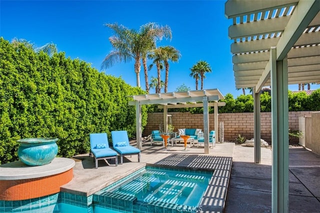 view of patio / terrace featuring a pergola, an outdoor living space, and a hot tub