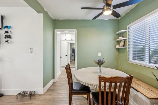 dining area with ceiling fan and light hardwood / wood-style floors