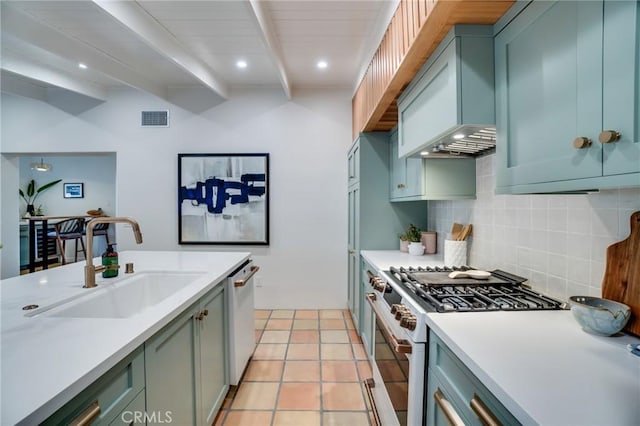 kitchen with white appliances, decorative backsplash, sink, premium range hood, and beam ceiling