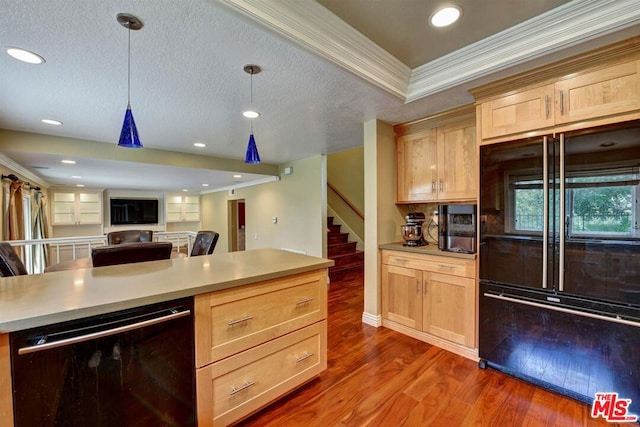 kitchen with light brown cabinetry, black appliances, and ornamental molding