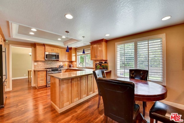 kitchen with stainless steel appliances, sink, a tray ceiling, and decorative light fixtures