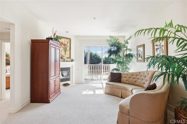 sitting room featuring light carpet