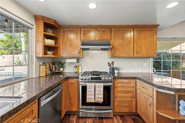 kitchen with dark hardwood / wood-style flooring, stainless steel appliances, dark stone counters, tasteful backsplash, and kitchen peninsula