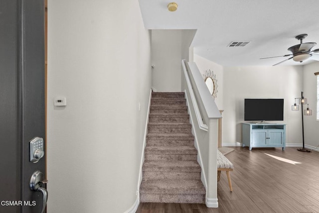 staircase featuring ceiling fan and hardwood / wood-style flooring