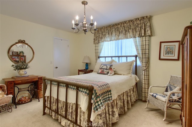 bedroom featuring light carpet and a notable chandelier