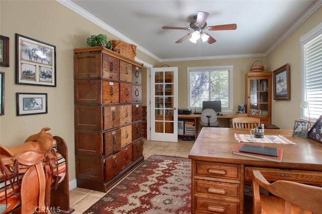 office with ceiling fan, crown molding, and french doors