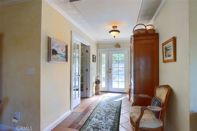 doorway to outside featuring ornamental molding, tile patterned flooring, and french doors