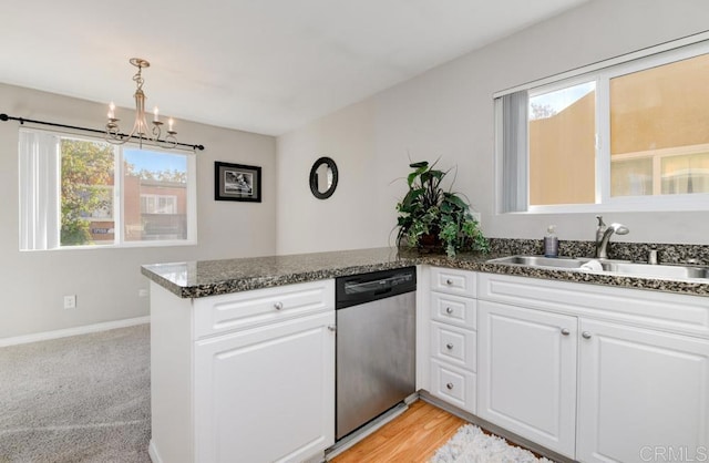 kitchen featuring white cabinets, kitchen peninsula, sink, and dishwasher