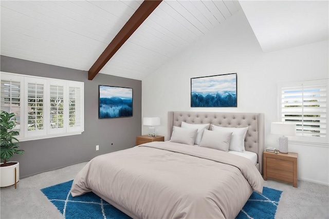 bedroom with light colored carpet and lofted ceiling with beams