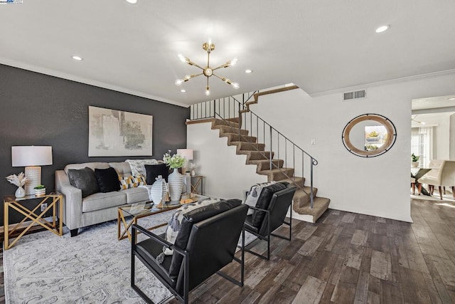 living room featuring ornamental molding, dark wood-type flooring, and a chandelier