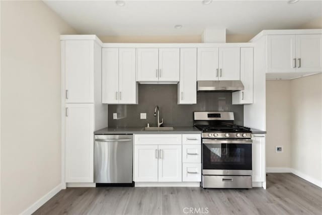 kitchen with sink, stainless steel appliances, light hardwood / wood-style floors, and white cabinets