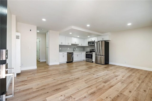 kitchen with sink, white cabinets, stainless steel appliances, and light wood-type flooring