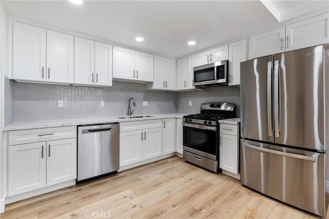 kitchen with decorative backsplash, sink, white cabinetry, light wood-type flooring, and appliances with stainless steel finishes