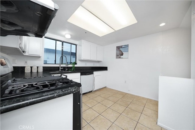 kitchen with exhaust hood, dishwasher, sink, black range with gas cooktop, and white cabinets