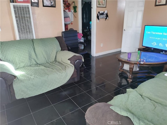 living room with dark tile patterned floors