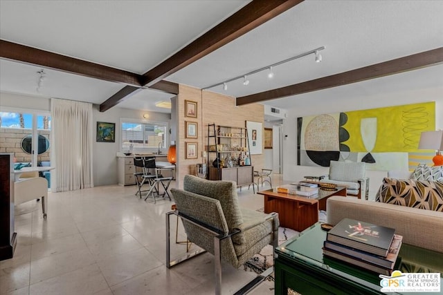 living room featuring rail lighting and beamed ceiling