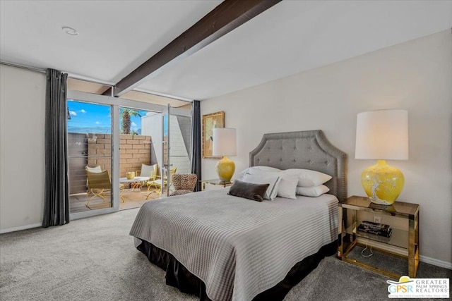 bedroom featuring beam ceiling, access to exterior, and carpet