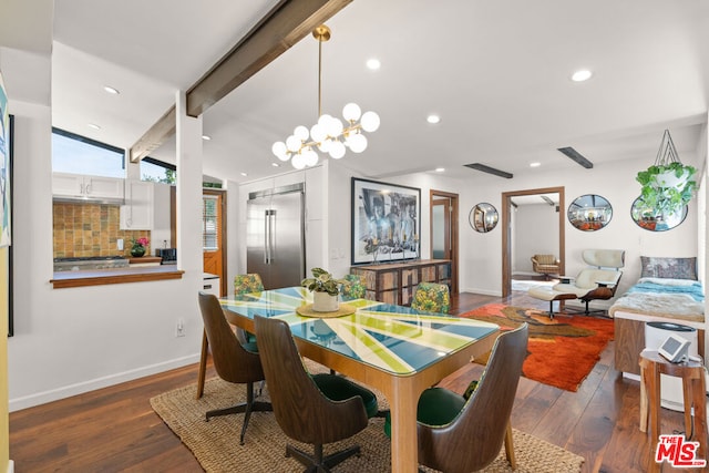 dining space with dark hardwood / wood-style flooring, vaulted ceiling with beams, and a notable chandelier